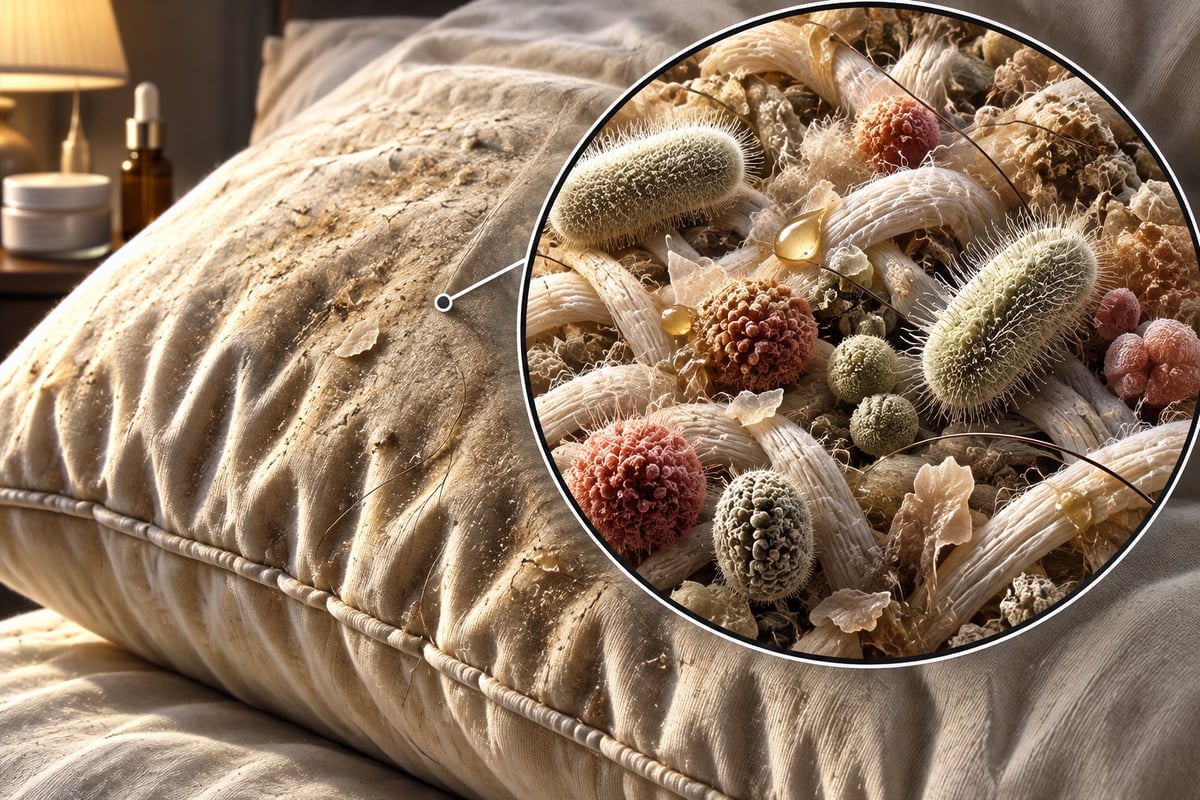 Concept illustration of a used pillowcase with an exaggerated magnified view of fabric fibers and microscopic particles