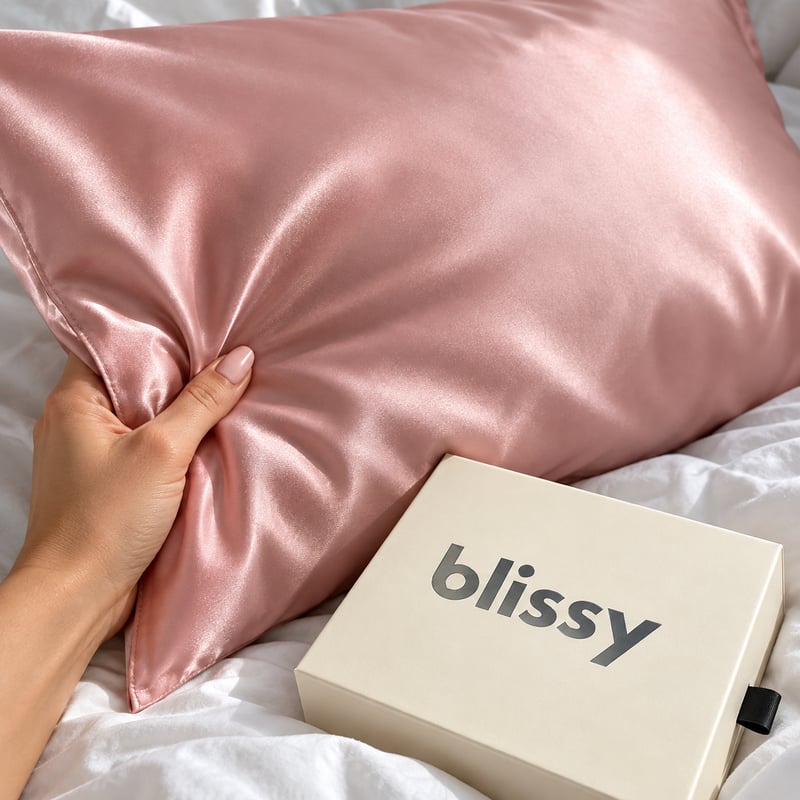 A hand holding a blush Blissy pillowcase beside its cream Blissy gift box