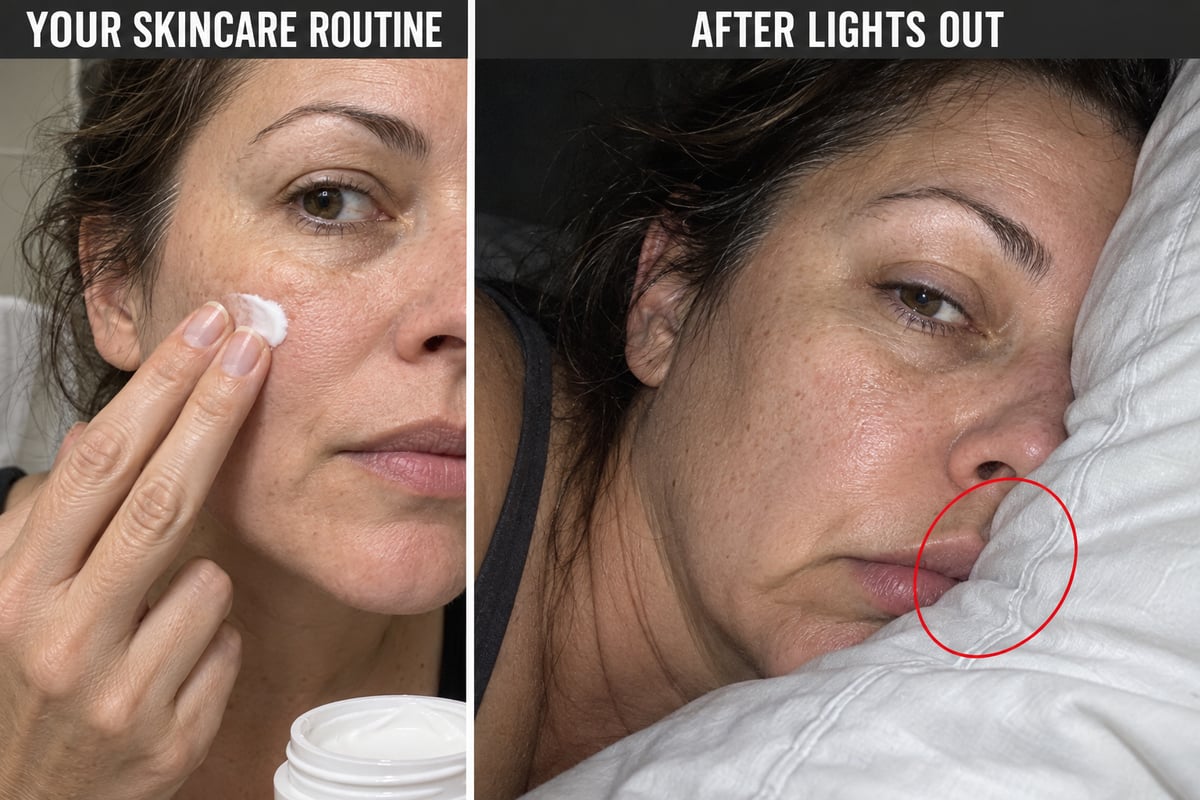 Illustrated comparison of two bedtime moments: applying moisturizer and then pressing a cheek against a pillow